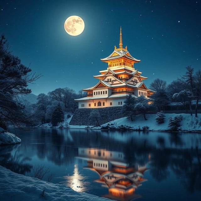 A stunning Japanese castle surrounded by snow, reflected beautifully in a tranquil lake, illuminated by the glow of a full moon