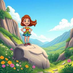 A cheerful and colorful cartoon scene featuring a young woman confidently perched on a large rock in the middle of a beautiful valley