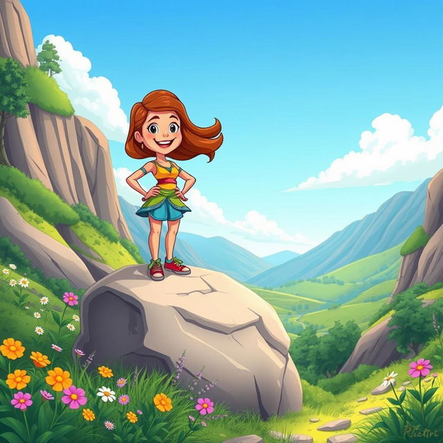 A cheerful and colorful cartoon scene featuring a young woman confidently perched on a large rock in the middle of a beautiful valley