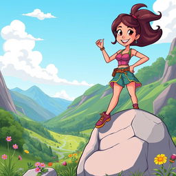 A cheerful and colorful cartoon scene featuring a young woman confidently perched on a large rock in the middle of a beautiful valley