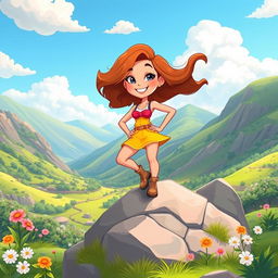 A cheerful and colorful cartoon scene featuring a young woman confidently perched on a large rock in the middle of a beautiful valley