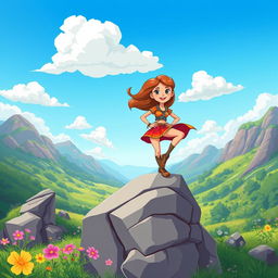 A cheerful and colorful cartoon scene featuring a young woman confidently perched on a large rock in the middle of a beautiful valley
