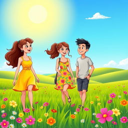 A vibrant cartoon scene featuring two young ladies and a young man walking through a lush green field