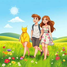 A vibrant cartoon scene featuring two young ladies and a young man walking through a lush green field