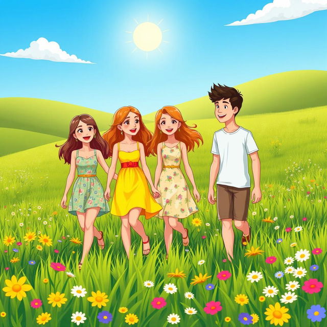 A vibrant cartoon scene featuring two young ladies and a young man walking through a lush green field