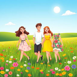 A vibrant cartoon scene featuring two young ladies and a young man walking through a lush green field