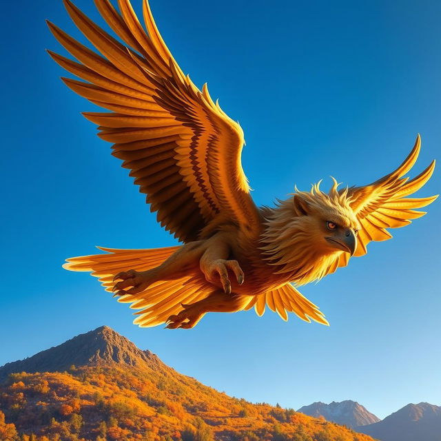 A majestic creature that is a fusion of a lion and an eagle, showcasing the powerful body of a lion with the stunning wings of an eagle, soaring high in a bright blue sky