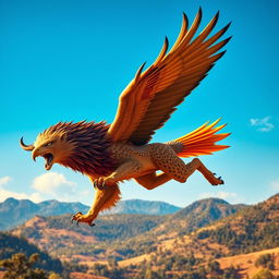 A majestic creature that is a fusion of a lion and an eagle, showcasing the powerful body of a lion with the stunning wings of an eagle, soaring high in a bright blue sky
