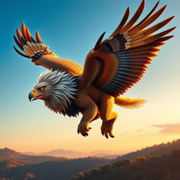 A majestic creature that is a fusion of a lion and an eagle, showcasing the powerful body of a lion with the stunning wings of an eagle, soaring high in a bright blue sky