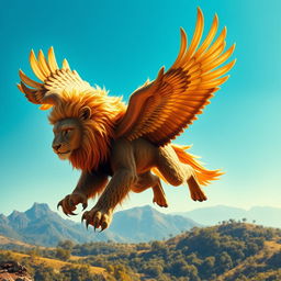 A majestic creature that is a fusion of a lion and an eagle, showcasing the powerful body of a lion with the stunning wings of an eagle, soaring high in a bright blue sky