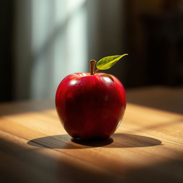 A single shiny red apple with a small green leaf attached, placed on a wooden table, with dramatic lighting casting soft shadows, creating a warm and inviting atmosphere, capturing the natural beauty of the fruit