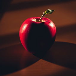 A single shiny red apple with a small green leaf attached, placed on a wooden table, with dramatic lighting casting soft shadows, creating a warm and inviting atmosphere, capturing the natural beauty of the fruit