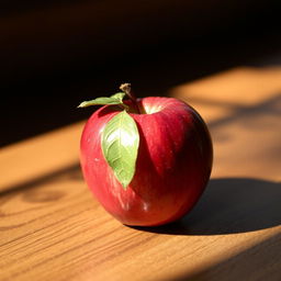 A single shiny red apple with a small green leaf attached, placed on a wooden table, with dramatic lighting casting soft shadows, creating a warm and inviting atmosphere, capturing the natural beauty of the fruit