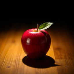A single shiny red apple with a small green leaf attached, placed on a wooden table, with dramatic lighting casting soft shadows, creating a warm and inviting atmosphere, capturing the natural beauty of the fruit
