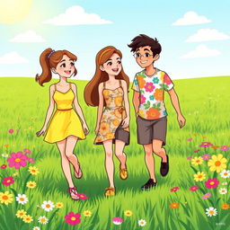 A vibrant cartoon scene featuring three characters: two young ladies and one young man walking together through a lush green field