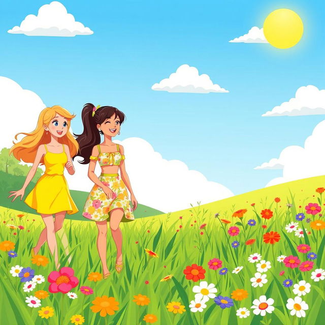 A vibrant cartoon scene featuring three characters: two young ladies and one young man walking together through a lush green field