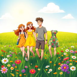 A vibrant cartoon scene featuring three characters: two young ladies and one young man walking together through a lush green field
