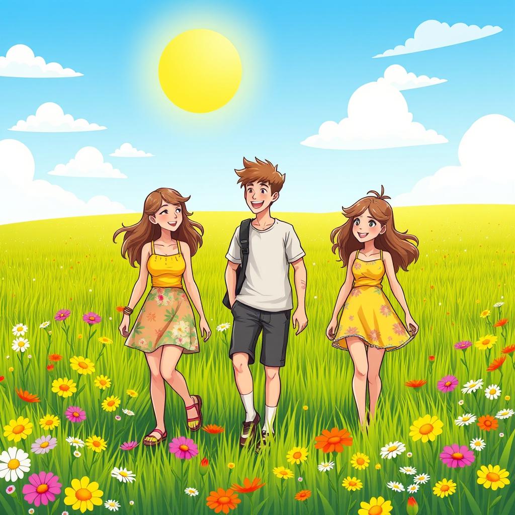 A vibrant cartoon scene featuring three characters: two young ladies and one young man walking together through a lush green field