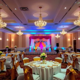 A beautifully decorated event hall, showcasing elegant chandeliers hanging from the ceiling, soft ambient lighting, and lavish floral arrangements on tables