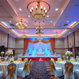 A beautifully decorated event hall, showcasing elegant chandeliers hanging from the ceiling, soft ambient lighting, and lavish floral arrangements on tables
