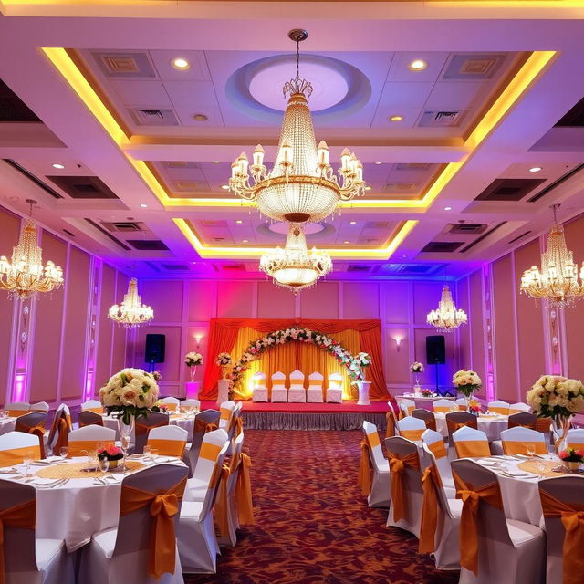 A beautifully decorated event hall, showcasing elegant chandeliers hanging from the ceiling, soft ambient lighting, and lavish floral arrangements on tables