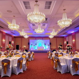 A beautifully decorated event hall, showcasing elegant chandeliers hanging from the ceiling, soft ambient lighting, and lavish floral arrangements on tables