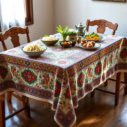 A beautifully adorned traditional Isfahan tablecloth (sofreyeh qalamkari) featuring intricate hand-painted designs, showcasing vibrant colors and detailed patterns