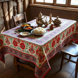 A beautifully adorned traditional Isfahan tablecloth (sofreyeh qalamkari) featuring intricate hand-painted designs, showcasing vibrant colors and detailed patterns
