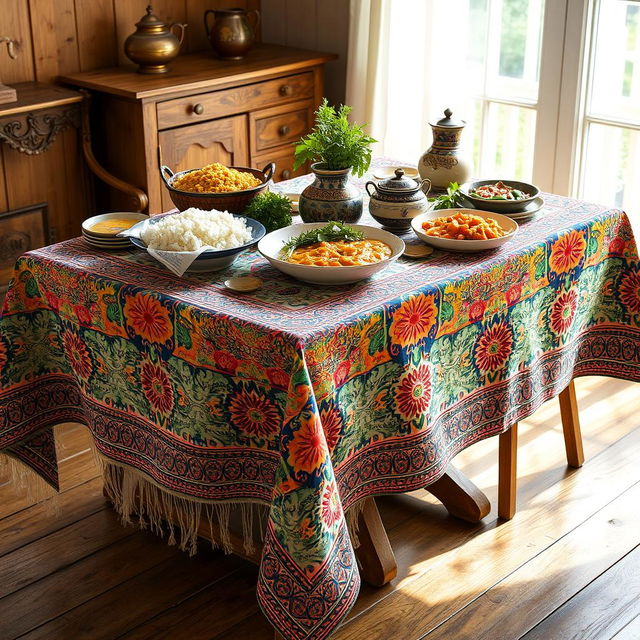 A beautifully adorned traditional Isfahan tablecloth (sofreyeh qalamkari) featuring intricate hand-painted designs, showcasing vibrant colors and detailed patterns