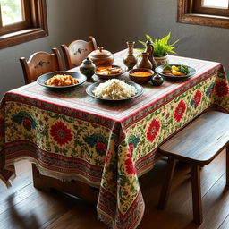 A beautifully adorned traditional Isfahan tablecloth (sofreyeh qalamkari) featuring intricate hand-painted designs, showcasing vibrant colors and detailed patterns