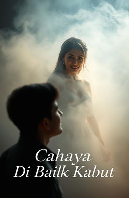 A beautiful woman standing elegantly, surrounded by a mysterious fog, illuminated by soft, ethereal light filtering through the mist
