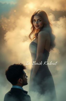 A beautiful woman standing elegantly, surrounded by a mysterious fog, illuminated by soft, ethereal light filtering through the mist