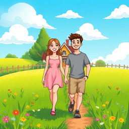 A cheerful cartoon illustration of a young lady and a young man walking together through a vibrant green field towards a cozy house in the distance