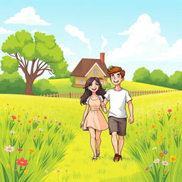A cheerful cartoon illustration of a young lady and a young man walking together through a vibrant green field towards a cozy house in the distance