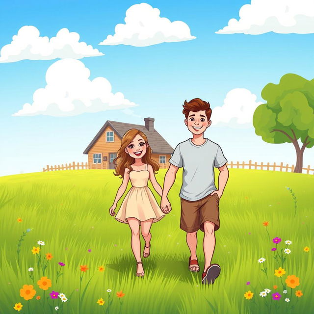 A cheerful cartoon illustration of a young lady and a young man walking together through a vibrant green field towards a cozy house in the distance