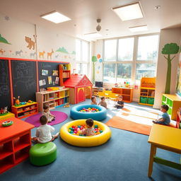 A vibrant and colorful playroom designed for children, filled with various engaging toys and activities