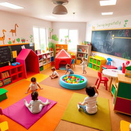 A vibrant and colorful playroom designed for children, filled with various engaging toys and activities