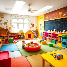 A vibrant and colorful playroom designed for children, filled with various engaging toys and activities
