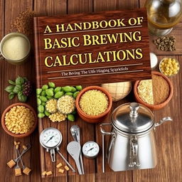 A detailed handbook cover for a book titled 'A Handbook of Basic Brewing Calculations', featuring an array of brewing ingredients such as hops, malt, and yeast displayed aesthetically on a wooden table
