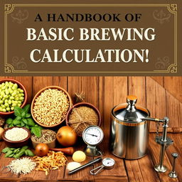 A detailed handbook cover for a book titled 'A Handbook of Basic Brewing Calculations', featuring an array of brewing ingredients such as hops, malt, and yeast displayed aesthetically on a wooden table