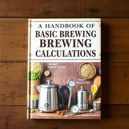 A detailed handbook cover for a book titled 'A Handbook of Basic Brewing Calculations', featuring an array of brewing ingredients such as hops, malt, and yeast displayed aesthetically on a wooden table