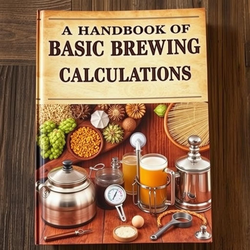 A detailed handbook cover for a book titled 'A Handbook of Basic Brewing Calculations', featuring an array of brewing ingredients such as hops, malt, and yeast displayed aesthetically on a wooden table