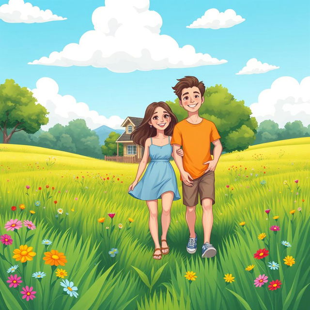 A cheerful cartoon illustration of a young lady and a young man walking together in a vibrant green field towards a charming house in the distance