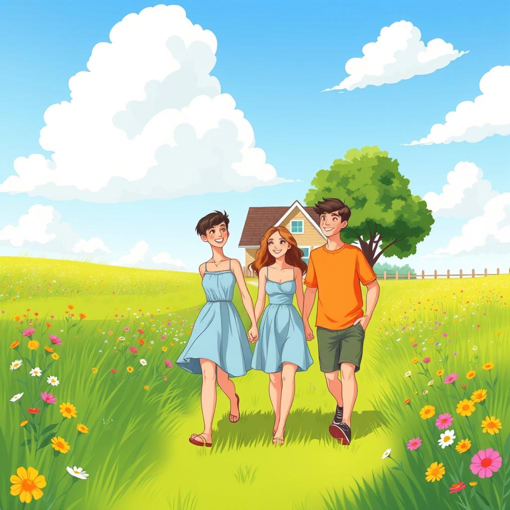 A cheerful cartoon illustration of a young lady and a young man walking together in a vibrant green field towards a charming house in the distance