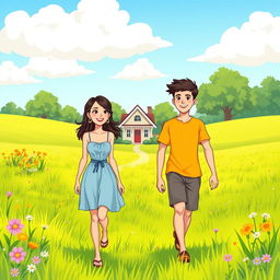 A cheerful cartoon illustration of a young lady and a young man walking together in a vibrant green field towards a charming house in the distance