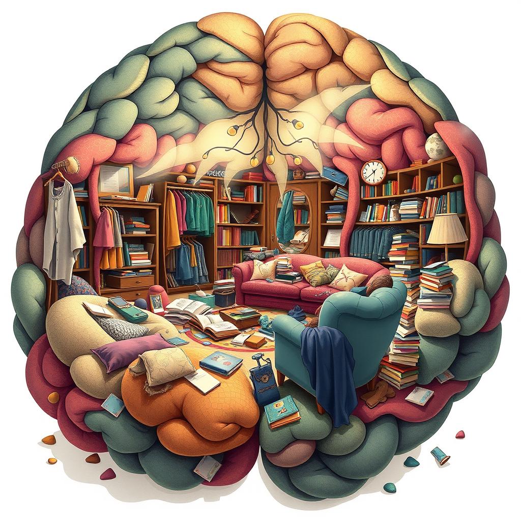 An imaginative illustration of a messy room that creatively resembles a brain