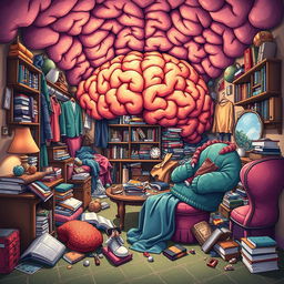 An imaginative illustration of a messy room that creatively resembles a brain