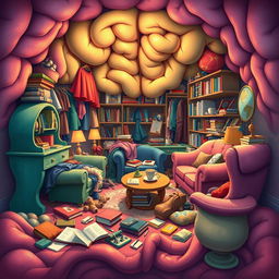 An imaginative illustration of a messy room that creatively resembles a brain