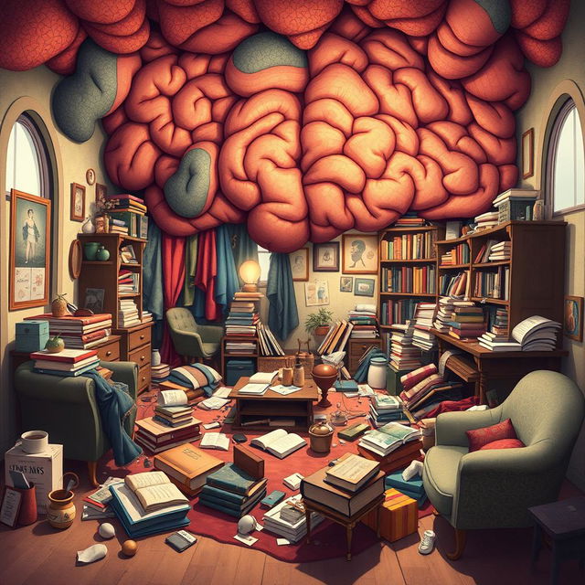 An imaginative illustration of a messy room that creatively resembles a brain