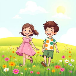 A bright and cheerful cartoon illustration of a young girl and a young boy walking together in a vibrant green field